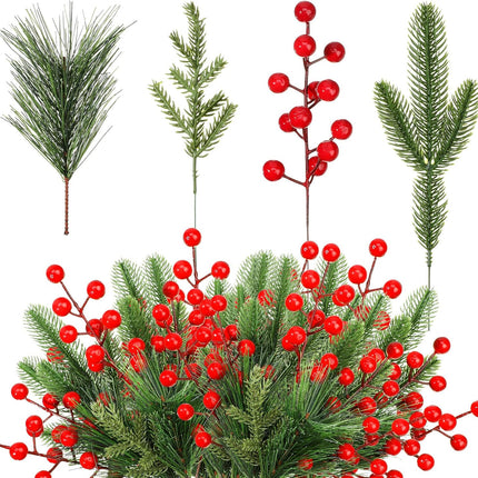 100 Pieces Artificial Pine Needles Branches and Artificial Red Berry Stems Fake Greenery Pine Picks Christmas Red Berry Picks Holly Berries Branches Christmas Fake Tree Branches for DIY Garland Wreath