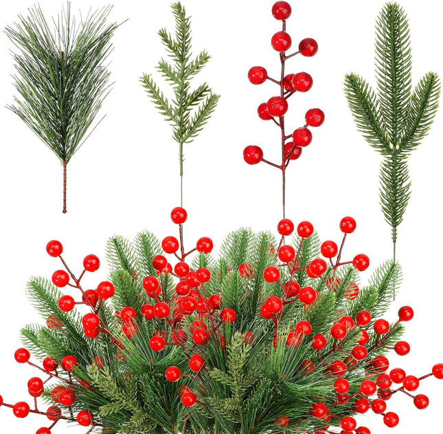 100 Pieces Artificial Pine Needles Branches and Artificial Red Berry Stems Fake Greenery Pine Picks Christmas Red Berry Picks Holly Berries Branches Christmas Fake Tree Branches for DIY Garland Wreath