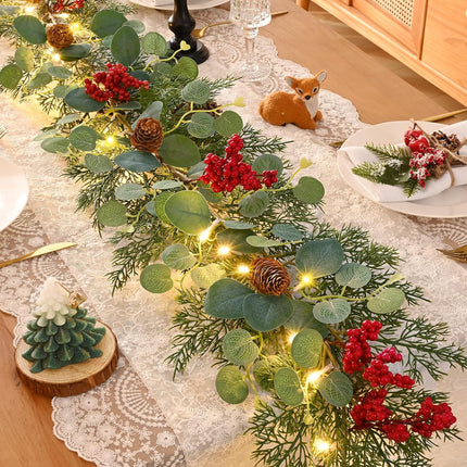 Waipfaru Christmas Decorations, 5.9FT Christmas Garland with Lights, Prelit Lighted Christmas Greenery Cedar Garland Cypress for Home Table Mantel Stair Railing Indoor Outdoor Xmas Decor