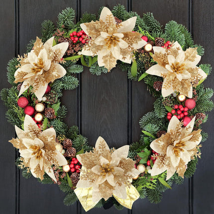 Poinsettia Christmas Decorations Flowers - 12Pcs Artificial Red Gold Poinsettia Christmas Tree Ornaments Glittery for Xmas Year Wedding Party Wreath DIY Garland Decor (Gold)