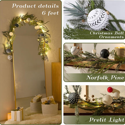Decorbyhannah Christmas Garland with Lights, 6ft Lighted Norfolk Pine Garland with Boho Ornaments, Battery Operated Artificial Greenery Garland Christmas Decorations for Mantle(Boho Black & White)
