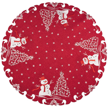 Beautifully Elegant Silver Star Topped Trees and Snowman on Red Linen Doily, Table Topper, Small Tablecloth, Table Centerpiece (34 Inch Round)