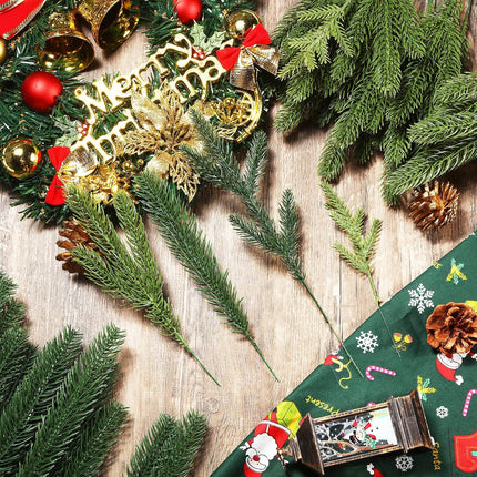 Syhood Christmas Artificial Pine Branches 4 Styles Pine Needles Faux Pine Tree Branches Garland Fake Greenery Picks for Mantle Garland Indoor Home Xmas Holiday Wall Decor(Green, 60 Pieces)