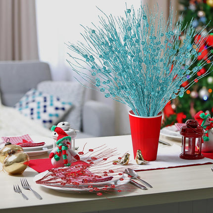 Sggvecsy 24 Pack Artificial Glitter Berry Stem Ornaments 17 Inches Fake Christmas Picks Decorative Glitter Sticks for Christmas Tree DIY Wreath Crafts Fireplace Holiday Home Decor (Blue)