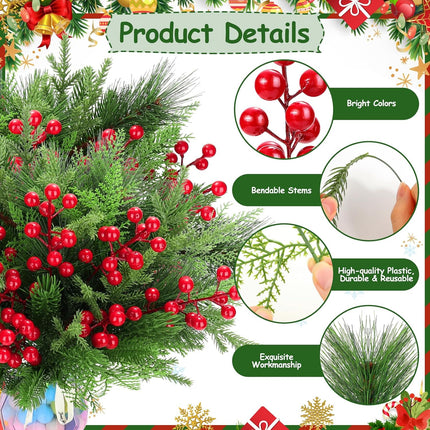 70PCS Artificial Pine Branches Christmas Greenery - Artificial Pine Needles Branches with Red Berry Stems Fake Pine Branches Set for DIY Christmas Tree Wreath Garland Crafts Holiday Home Decoration