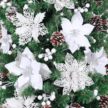 56 Pcs Christmas Tree Decorations, Christmas Ornaments Set with Poinsettias Artificial Christmas Flowers, Berry Branches and Pine Cones, Christmas Decor for Tree/Wreath/Garland(White)