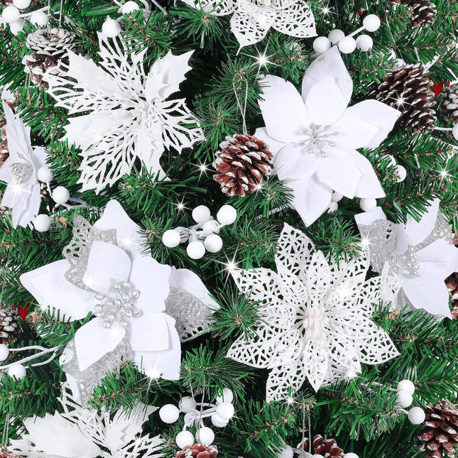 56 Pcs Christmas Tree Decorations, Christmas Ornaments Set with Poinsettias Artificial Christmas Flowers, Berry Branches and Pine Cones, Christmas Decor for Tree/Wreath/Garland(White)