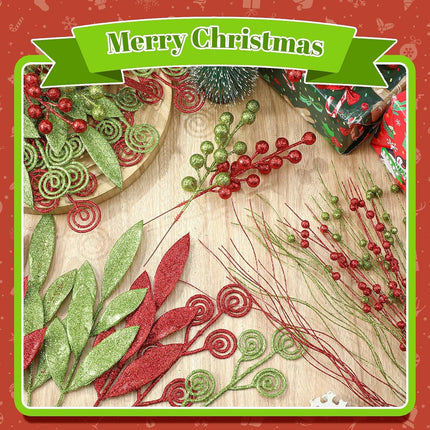 100 Pcs 17'' 12'' Red Green Christmas Berry Stems Ornaments Artificial Glitter Curly Christmas Picks Sprays Fake Christmas Sticks Decorations for Xmas Tree Wreath Crafts Vase Filler Home