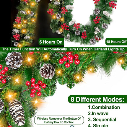 Remote Control&Timer 8 Modes-9 Ft by 10 Inch Prelit Christmas Garland Decorations 50 Warm White Lights Lighted Cedar Garland 300 Branch 198 Red Berries 18 Pinecone Mantle Xmas Garland Christmas Decor