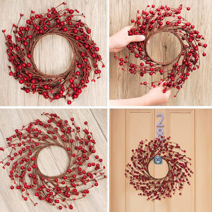 12 Inches Berry Wreath Pip Berries Wreath Winter Artificial Twig Wreath for Festival Celebration Home Farmhouse Front Door Wall Window Home Office Decor Housewarming (Red)