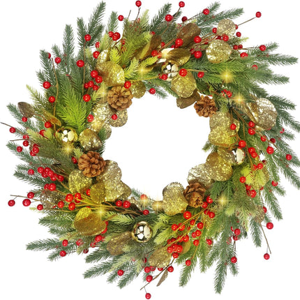DR.DUDU Christmas Wreath with Lights, 22" Battery Operated Lighted Wreath with Timer for Front Door, Pre-lit Artificial Xmas Wreaths with Red Berries, Gold Leaf, Christmas Decorations for Home Window