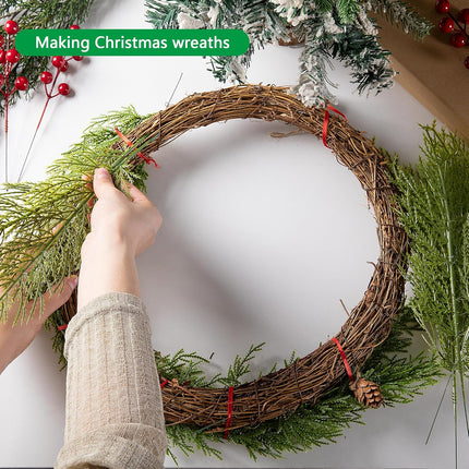 Watayo 30 Pcs Artificial Pine Branches- 13.5 Inch Plastic Faux Pine Leaves Picks- Fake Christmas Greenery Pine Sprigs for DIY Garland Wreath Christmas Party Home Garden Decoration