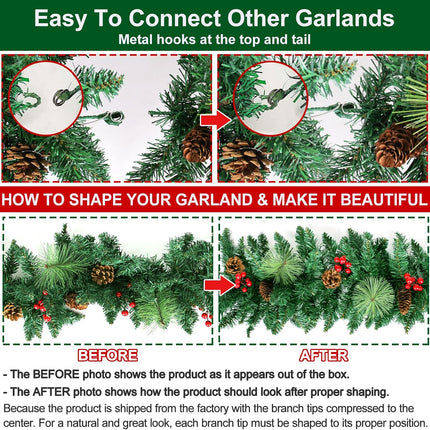 9FT Prelit Christmas Garland with 100 Lights Christmas Decorations Outdoor Lighted Christmas Garland for Mantle Stairs Railing Tree, Pre-Lit Christmas Garland Battery Operated Xmas Garland Fireplace