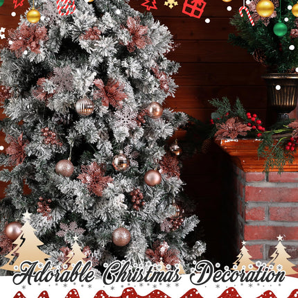 Ceenna 132 Pcs Christmas Tree Ornaments Set Glitter Poinsettia Flowers 2.36 inch Christmas Balls Snowflakes Decorations Artificial Berry Picks for Xmas Tree Wreath, Hooks Included (Rose Gold,Delicate)