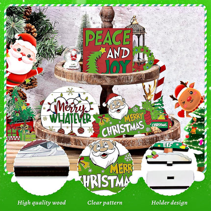 Christmas Tiered Tray Decor Set Gnomes Farmhouse Decor Winter Snow Wooden Signs Indoor Rustic Xmas Green Table Wreath Snowmobile Santa Claus Hat Tabletop for House Kitchen Party Festival