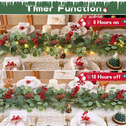 Waipfaru Christmas Decorations, 5.9FT Christmas Garland with Lights, Prelit Lighted Christmas Greenery Cedar Garland Cypress for Home Table Mantel Stair Railing Indoor Outdoor Xmas Decor