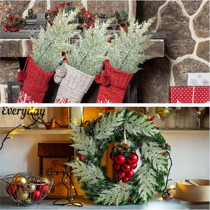 Yinder 12 Pcs 18.5 Inch Snowy Faux Cedar Branches Frosted Artificial Cedar Picks and Sprays Cedar Twigs Stems Christmas Greenery Stems Green Artificial Cedar Sprigs for Christmas Holiday (Classic)