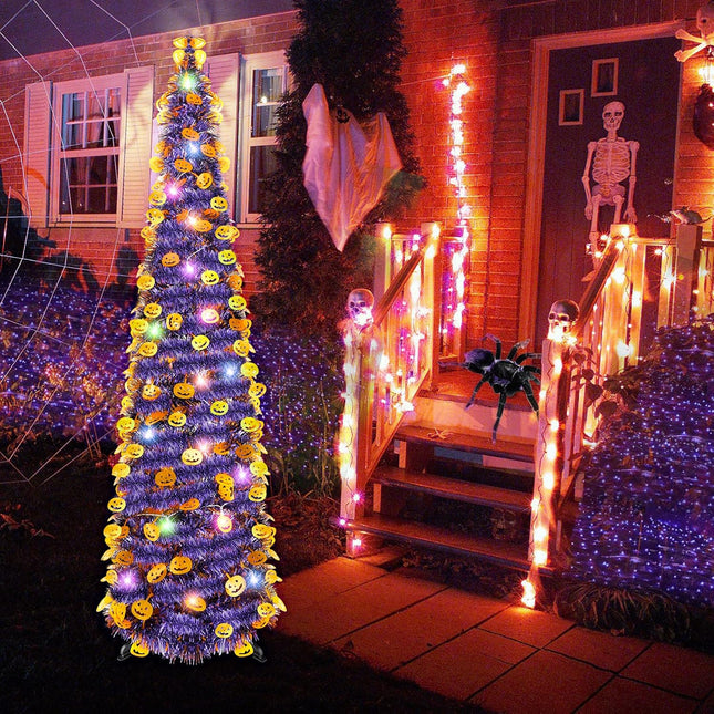5Ft Halloween Tree Decorations with Orange Pumpkins Tinsel and 90 LED Lights, Collapsible Pop Up Tree Purple Artificial Pencil Tree for Home Fireplace Porch Door Office Indoor Outdoor Party