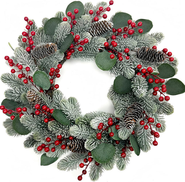 Artificial Christmas Wreath 20 Inch Christmas Wreaths for Front Door Winter Wreath with Pine Needles Pine Cones Eucalyptus Leaves Red Berries for Xmas Doors Walls Fireplaces Winter Holidays