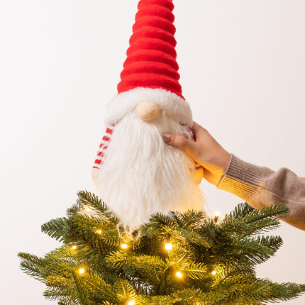Valery Madelyn Lighted Christmas Tree Topper Gnome with Timer, 16.5 Red and White Fabric Cute Santa Gnome Tree Topper with LED Lights for Party Ornaments Christmas Decoration Indoor, Battery Operated