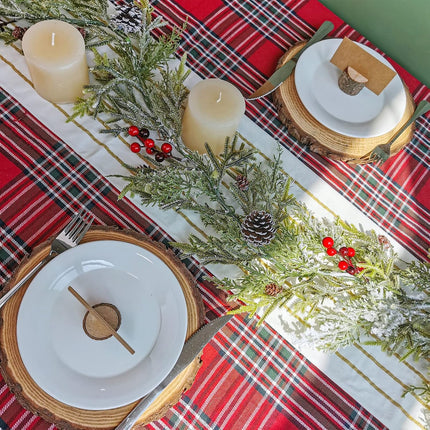 Winlyn 2 Pack 6' Snowy Artificial Pine and Cedar Christmas Garland Pine Cones Red Berries Winter Greenery Garland Christmas Wedding Winter Seasonal Holiday Table Runner Centerpiece Mantel Decoration