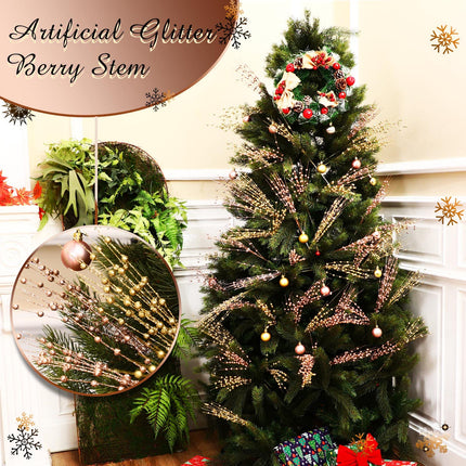 Geosar 30 Pcs Christmas Artificial Glitter Berry Stem Decorations Bead Sticks Pick 17 Inch Xmas Ornaments Glittery Twigs for Christmas Tree Halloween Wreath Vase Filler Home Decor(Rose Gold)