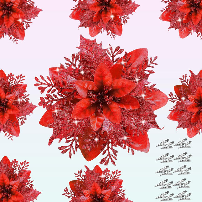 Poinsettias Glitter Artificial Christmas Flowers,20Pcs 5.5" Christmas Tree Decor Christmas Ornaments Glitter Poinsettia with Clips , Christmas Decorations for Xmas Tree Wedding Party Holiday Red