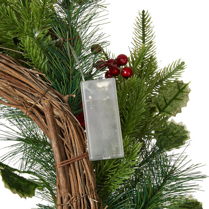 Glitzhome 24 Inch Prelit Christmas Wreath, Berry Holly Pine Wreath, Holiday Xmas Hanging Decoration for Front Door Porch
