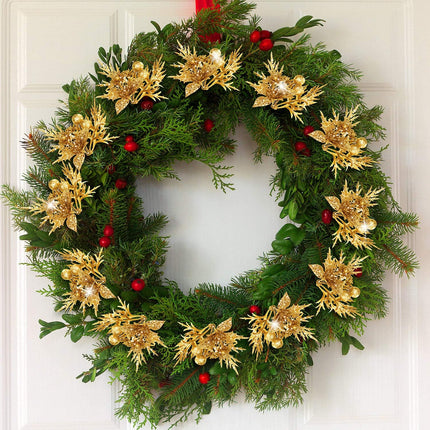 Gejoy 8 Pcs Glitter Christmas Picks with Faux Flower Artificial Leaves Christmas Tree Picks Ornament for Christmas Tree Xmas Wreath Garland Crafts Holiday Wedding Home Decorations, 7.8 Inch(Gold)