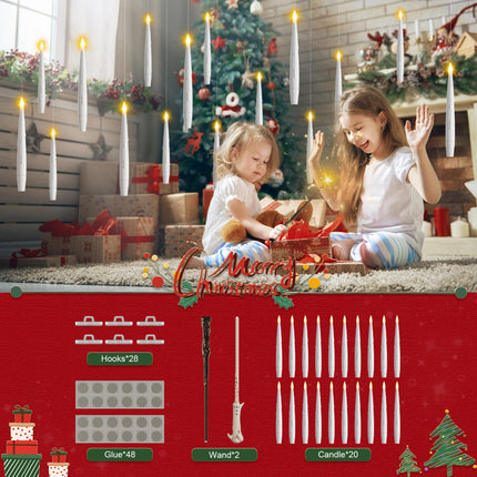 Christmas Tree Candles Battery Operated, 20 Pack Candles for Christmas Tree, Battery Powered Floating Candles with 2 Wand, Flameless Magic Hanging Taper Candles for Holiday Party Decor, White