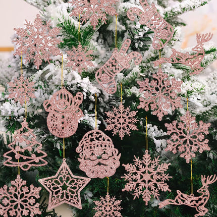 Christmas Tree Decoration Snowflake Ornaments - 42pcs Rose Gold Glitter Christmas Snowflake Tree Snowman Reindeer Santa Hanging Ornaments for Winter Wonderland Holiday Year Christmas Tree