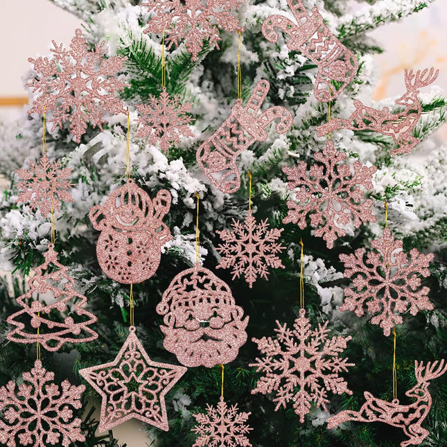 Christmas Tree Decoration Snowflake Ornaments - 42pcs Rose Gold Glitter Christmas Snowflake Tree Snowman Reindeer Santa Hanging Ornaments for Winter Wonderland Holiday Year Christmas Tree