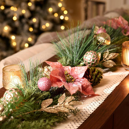 Decorbyhannah Christmas Poinsettia Garland with Lights, 6ft Lighted Artificial Greenery Garland Christmas Decorations with Pink Gold Ornaments, Battery Operated Christmas Garland Indoor for Mantle