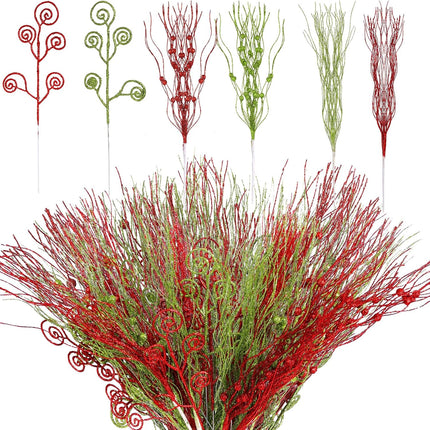 48 Pcs Christmas Red Green Artificial Glitter Berry Stems Ornaments Fake Christmas Candy Picks Decorative Curly Glitter Sticks Branches for Xmas Tree Wreath Crafts Vase Filler (48, Red, Green)