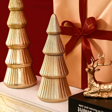 Wooden Christmas Tree Figurine, 2Pcs Gold Tree Figurines, Decorative Trees for Tabletop, Small Glittered Golden Xmas Tree Figurines for Christmas Mantle Indoor Decor