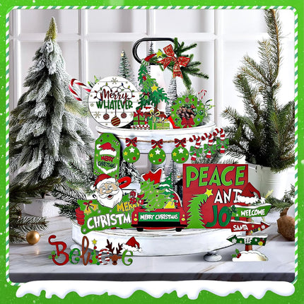 Christmas Tiered Tray Decor Set Gnomes Farmhouse Decor Winter Snow Wooden Signs Indoor Rustic Xmas Green Table Wreath Snowmobile Santa Claus Hat Tabletop for House Kitchen Party Festival
