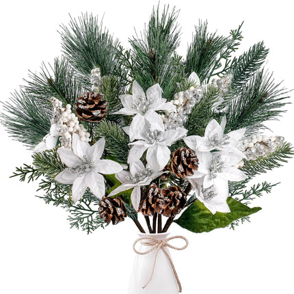 Sggvecsy 6 Pack Artificial Christmas Poinsettia Picks Faux Berries Pine Stems Berry Pine Branches with Pine Cones Poinsettia for Xmas Tree Wreath DIY Craft Floral Arrangement Holiday Decor (Silver)