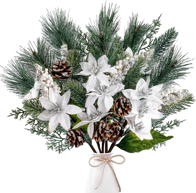 Sggvecsy 6 Pack Artificial Christmas Poinsettia Picks Faux Berries Pine Stems Berry Pine Branches with Pine Cones Poinsettia for Xmas Tree Wreath DIY Craft Floral Arrangement Holiday Decor (Silver)