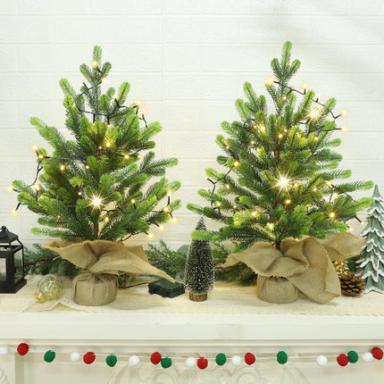Lulu Home 2 Packs Pre-lit Artificial Mini Christmas Tree, 24 Inch Tabletop Battery Operated Pine Tree with 50 LED Light and Burlap Wrap Base for Xmas Spring Decor