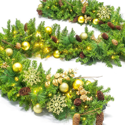 9 FT Prelit Christmas Garland with 100 LED Lights, 8 Modes 3AA Battery Operated Garland Golden Christmas Decoration with Timing Function for Home Fireplace Front Porch Door Display Indoor Outdoor