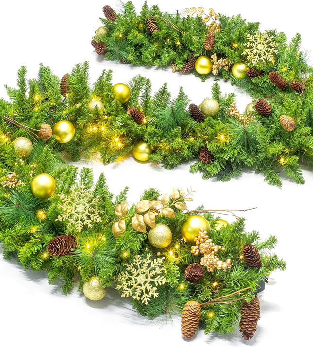 9 FT Prelit Christmas Garland with 100 LED Lights, 8 Modes 3AA Battery Operated Garland Golden Christmas Decoration with Timing Function for Home Fireplace Front Porch Door Display Indoor Outdoor