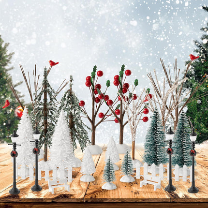 Haooryx 24pcs Mini Artificial Christmas Village Tree Accessories Miniature Pine Trees Park Bench Seat Snow Frost Trees Set Farmhouse Xmas Scene Figurines Decor Xmas Diy Crafts Village Collections