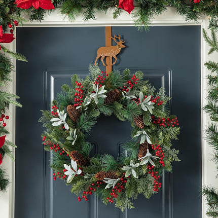 Glitzhome 2 Pack Wreath Door Hanger Over The Door Metal Wreath Hooks for Front Door, Christmas Wreath Holder with Tree & Reindeer