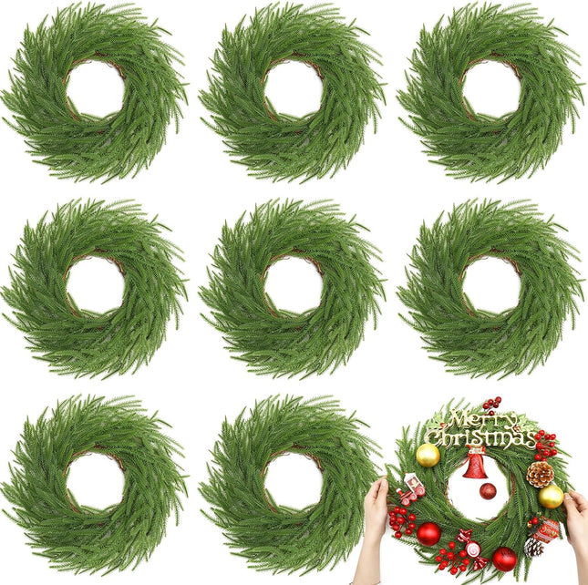 Zeyune 8 Pcs Christmas DIY Green Wreath 14 Inch Artificial Christmas Wreaths Faux Plain Wreaths for Decorating Front Door Window Room Farmhouse Christmas Party Indoor Outdoor (Norfolk Pine)
