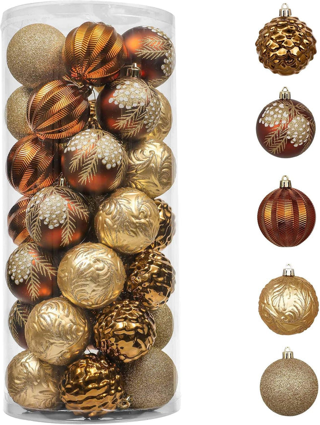 Valery Madelyn Christmas Ornaments Set, 35ct 2.76 Inches Brown Copper and Gold Shatterproof Christmas Tree Decorations, Woodland Bronze Hanging Ball Ornaments Bulk for Thanksgiving Xmas Holiday Decor