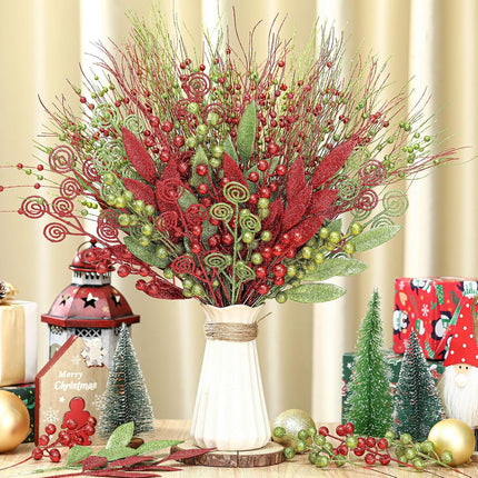 100 Pcs 17'' 12'' Red Green Christmas Berry Stems Ornaments Artificial Glitter Curly Christmas Picks Sprays Fake Christmas Sticks Decorations for Xmas Tree Wreath Crafts Vase Filler Home