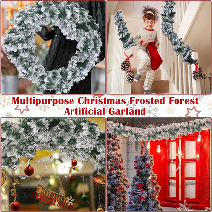 Hotop 2 Pcs 9 ft Christmas Snowy Flocked Garland White Flocked Spruce Garland Winter Frosted Artificial Pine Garland for Xmas Seasonal Indoor Home Fireplace Mantle Tree Stair Decor