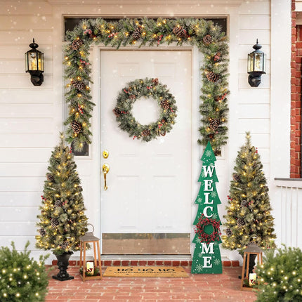 Glitzhome 42" H Wooden Welcome Christmas Tree Porch Sign with Berries Wreath Vertical Porch Sign in Xmas Tree Shape Farmhouse Hanging Sign Decorations for Front Door Wall Display