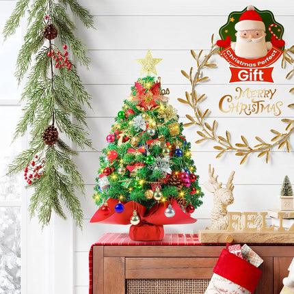 2FT Mini Christmas Tree, Artificial Tabletop Christmas Tree with 60 LED Lights, Prelit Small Christmas Tree, 100 Branch Tips, 80 Ornaments, Indoor Christmas Table Decor for Home Party