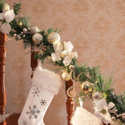 Valery Madelyn 9 feet Pre-Lit Christmas Garland with Lights for Mantle, Lighted Battery Operated Xmas Garland with White Gold Balls for Front Door Fireplace Table Centerpiece Outdoor Window Home Decor